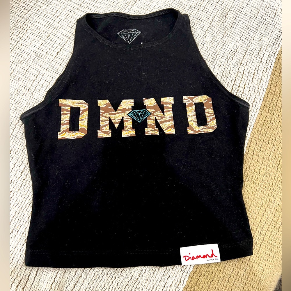 Diamond sleeveless, black, cropped halter tank. Size small, 100% cotton.